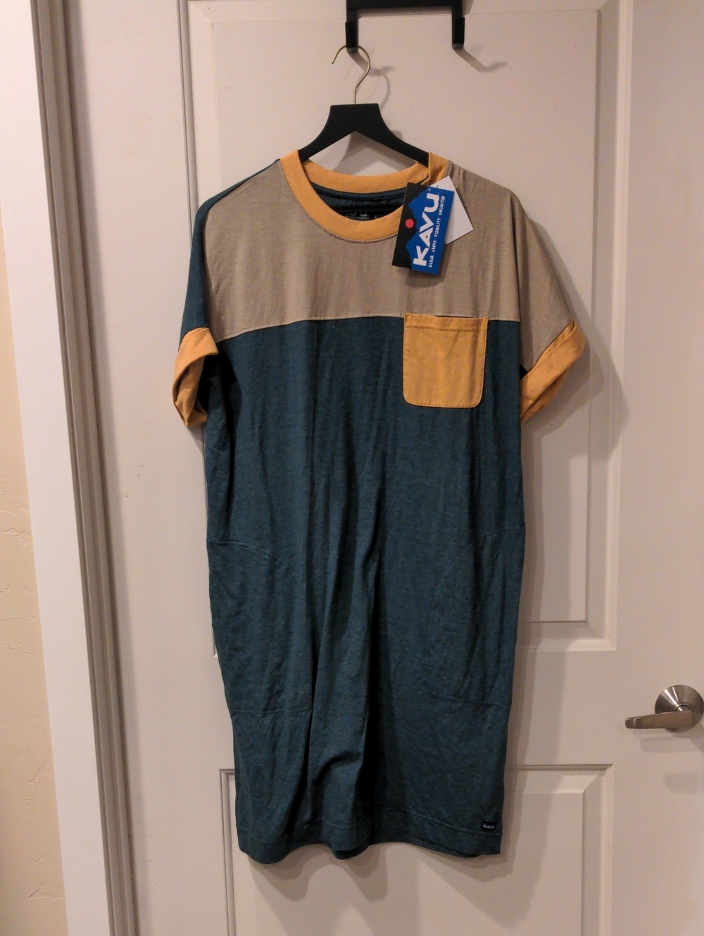 Kavu Teal, Tan & Mustard Colorblock Pocket T-Shirt Dress